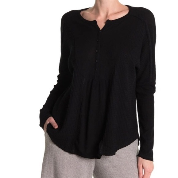 New Gibsonlook Dolman Mixed Rib Waffle Knit Henley Top in Black - Picture 1 of 11